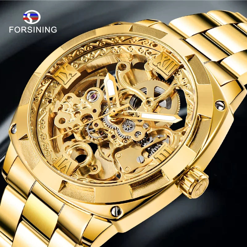 Full Golden Skeleton Automatic Watch - Retro Luxury Mechanical with Luminous Hands