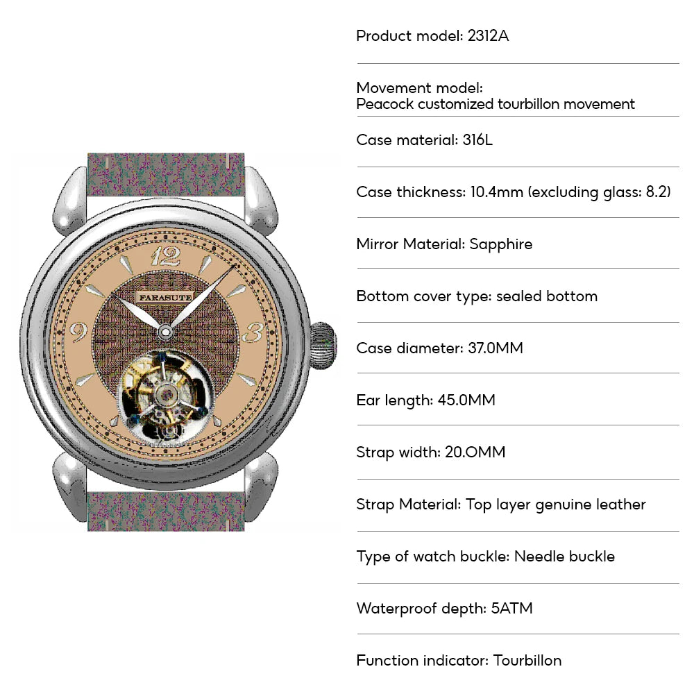 FARASUTE Tourbillon Sports Watch Men Luxury Watch Peacock Tourbillon Movement Sapphire Stainless Steel Waterproof Watch Relogio