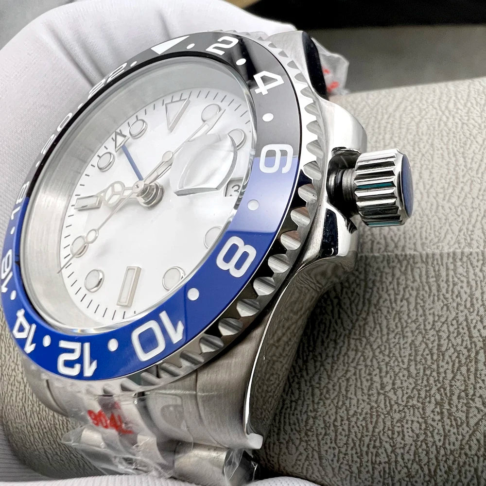 Automatic GMT Watch for Men – NH34 Movement, White Sterile Dial, Ceramic Bezel, Blue Hand, Dual Time Zone Stainless Steel
