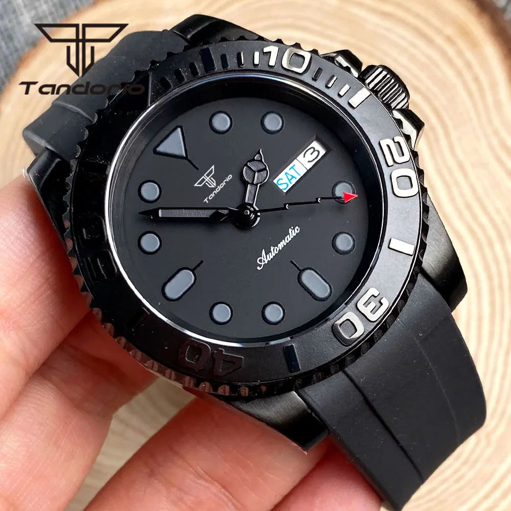 Tandorio Black Pvd Case Dress NH36A 40mm Automatic Watch for Men Rubber Strap Week Date Display Ceramic Rotating Bezel Sapphire