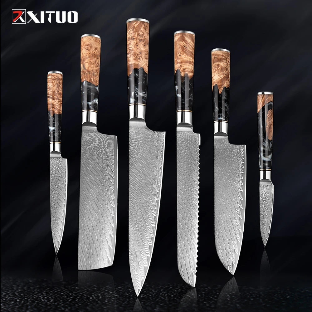Damascus Steel Kitchen Knives 1-9PC Set XITUO Japanese chef knife Cleaver Bread Knife Resin and wooden Ergonomics handle Sharp