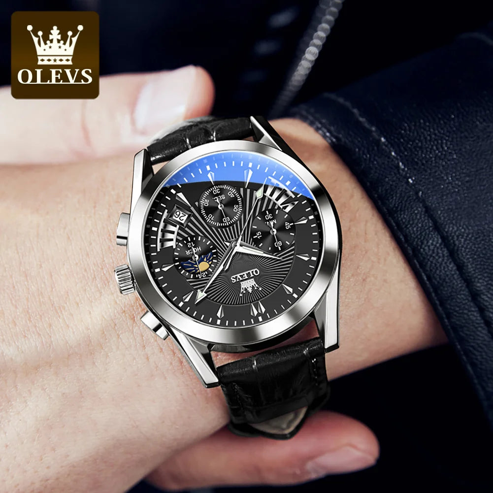 OLEVS 2876 Moon Phase Man Watch Original Genuine Leather Strap Quartz Watch for Men Auto Date Waterproof Luxury Men's Wristwatch