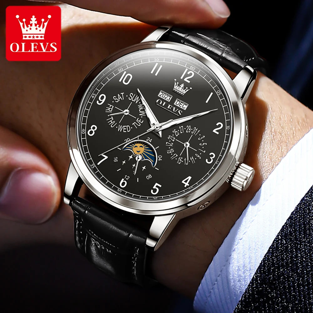 OLEVS 6698 Mens Watch Moon Phase Mechanical Watch for Men Number 42mm Big Dial Leather Hand Clock Waterproof Automatic Man Watch