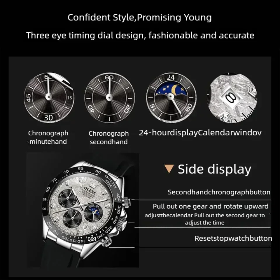 OLEVS Luxury Men's Watches Moon Phase Chronograph Man Watch Original Quartz Wrist Watch Waterproof Luminous Watch for Men Clock
