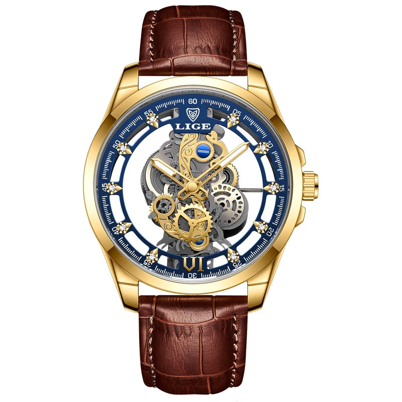 2024 LIGE Men Watch Skeleton Automatic Quartz Watch Gold Skeleton Vintage Man Watch Mens Watches Top Brand Luxury часы мужские