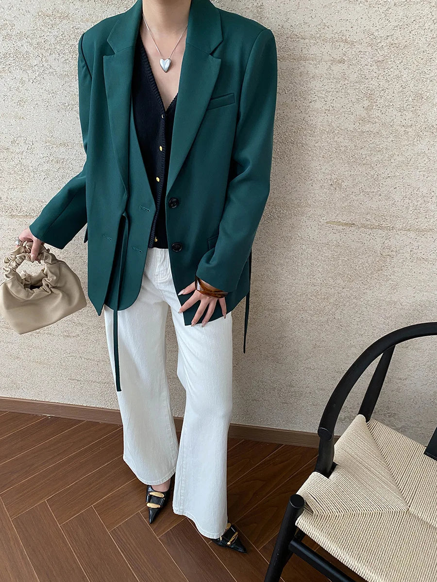 [LANMREM] Designer Asymmetric Spliced Design Lace-up Gathered Waist Blazers For Women Notched Fit Jackets 2025 Winter New 26C565