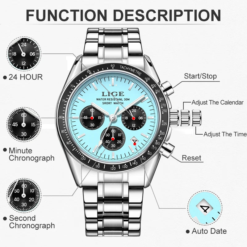 LIGE Titanium Pro - Full Steel Waterproof Business Chronograph