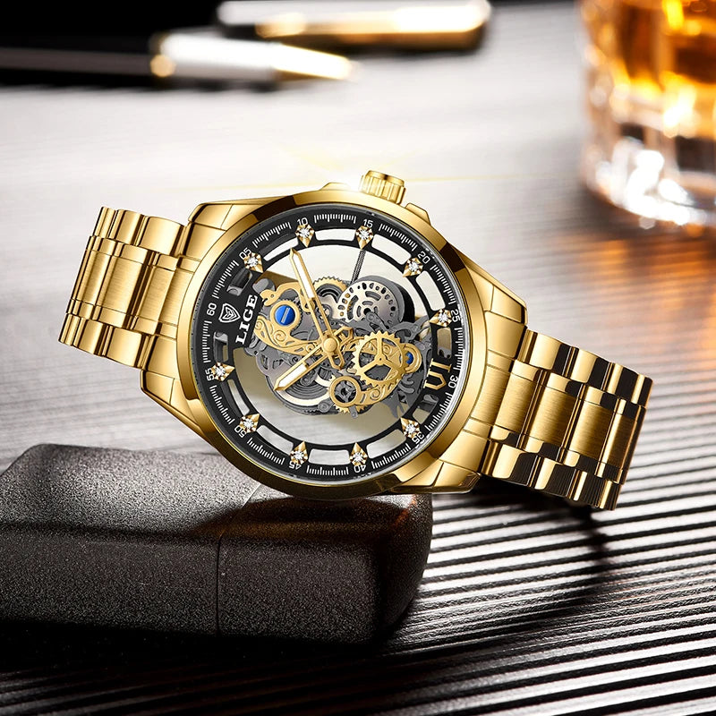 2024 LIGE Men Watch Skeleton Automatic Quartz Watch Gold Skeleton Vintage Man Watch Mens Watches Top Brand Luxury часы мужские