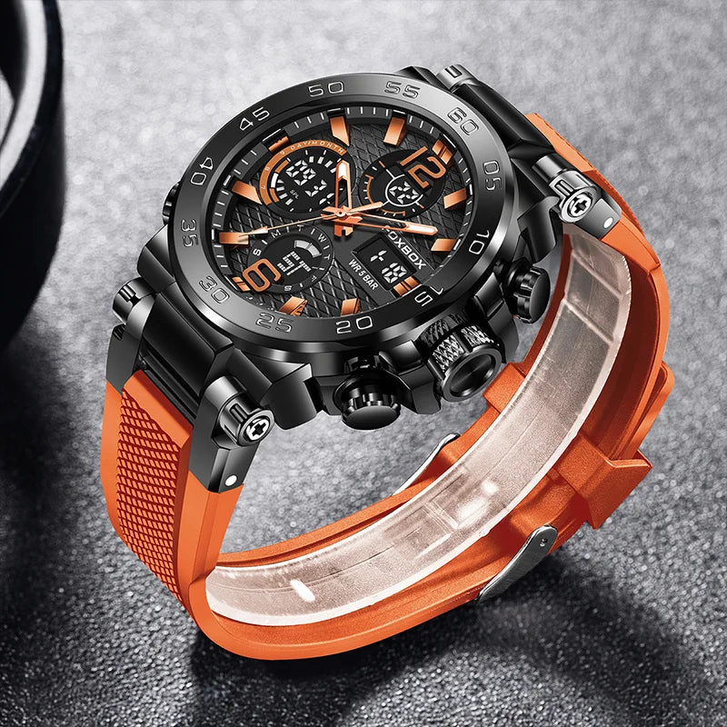 FOXBOX Fashion Mens Watch Dual Display Military Sports Man Watch Digital LED Luminous Calendar Waterproof Quartz Watches For Men