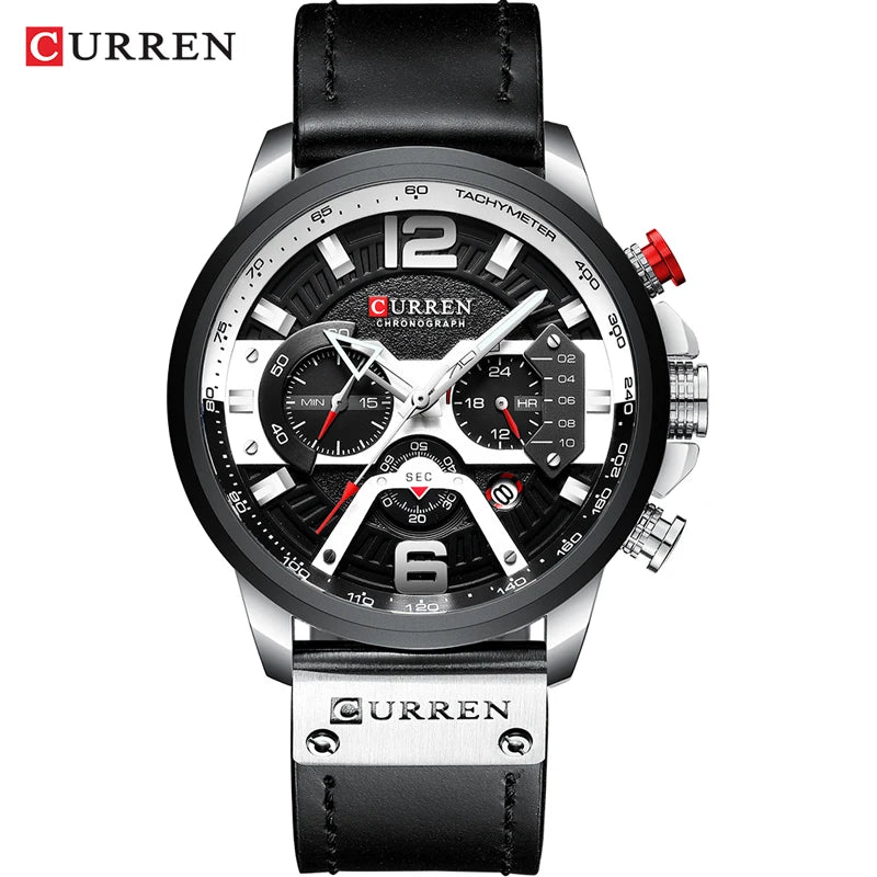 CURREN Men's Military Chronograph Watch - Luxury Leather Strap Sport Timepiece