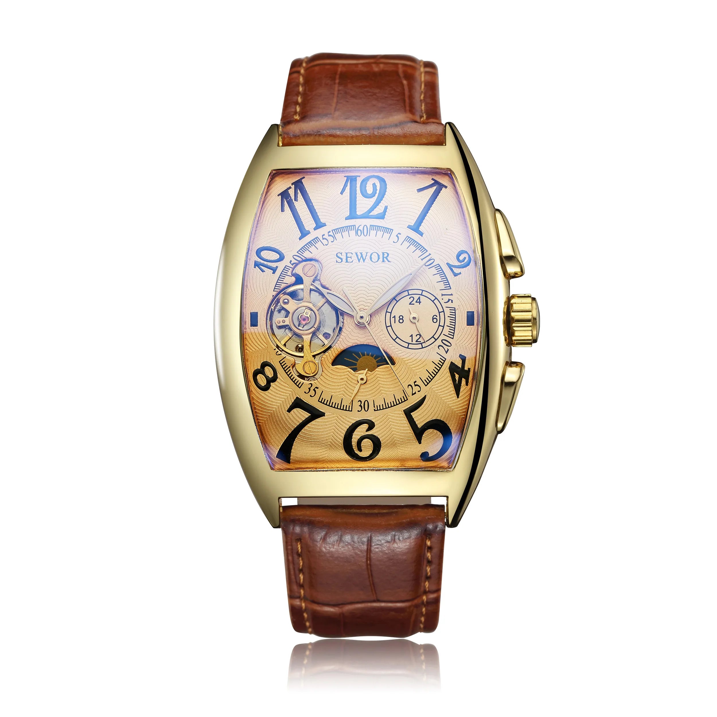 Top Fashion Luxury Gold Watch Men Mon Phase Tourbillon Watches Small Seconds Automatic Mechanical Wristwatches Reloj Hombre 2023