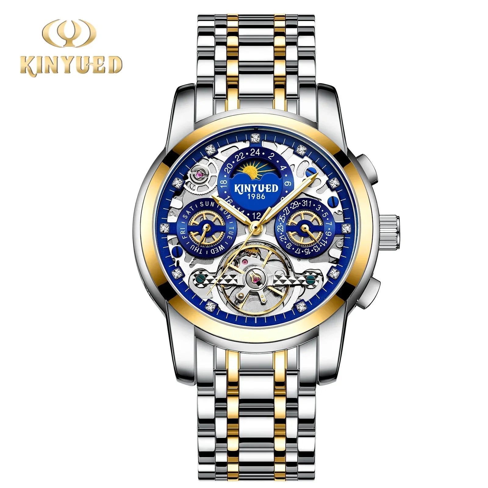 Tourbillon Automatic Watch for Men Diamond Moon Phase Mechanical Mens Watches Waterproof Silver Gold Stainless Steel Wristwatch