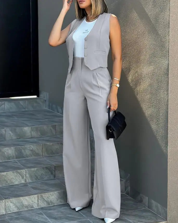 New 2025 Women's Summer Casual 2PCS Pants Sets Solid Vest +Pants Sets Elegant High Waist Wide Leg Outfits Women Matching Sets