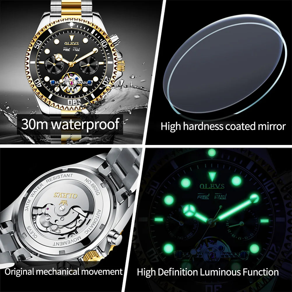 OLEVS 6605 Mens Watch Luxury Original Automatic Mechanical Watch Waterproof Luminous  PerpetualCalendar Day-Date Watch With Box