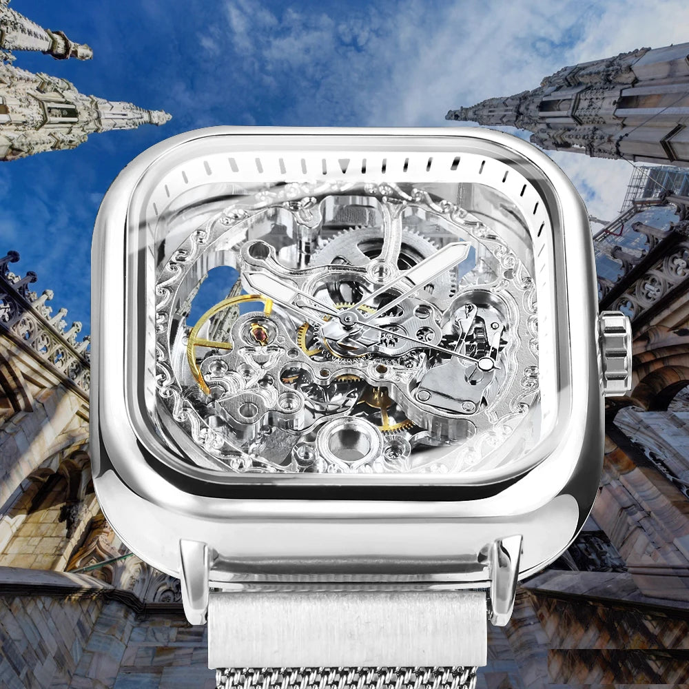 Forsining Square Skeleton Automatic Watch - Luxury Mesh Steel Strap Men's Timepiece