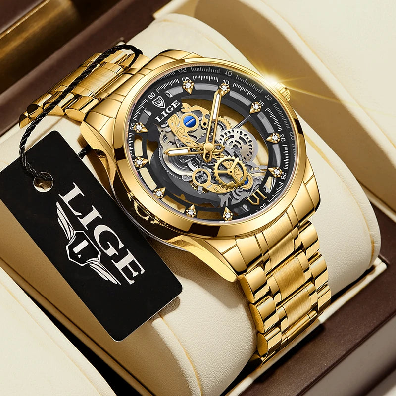 2024 LIGE Men Watch Skeleton Automatic Quartz Watch Gold Skeleton Vintage Man Watch Mens Watches Top Brand Luxury часы мужские