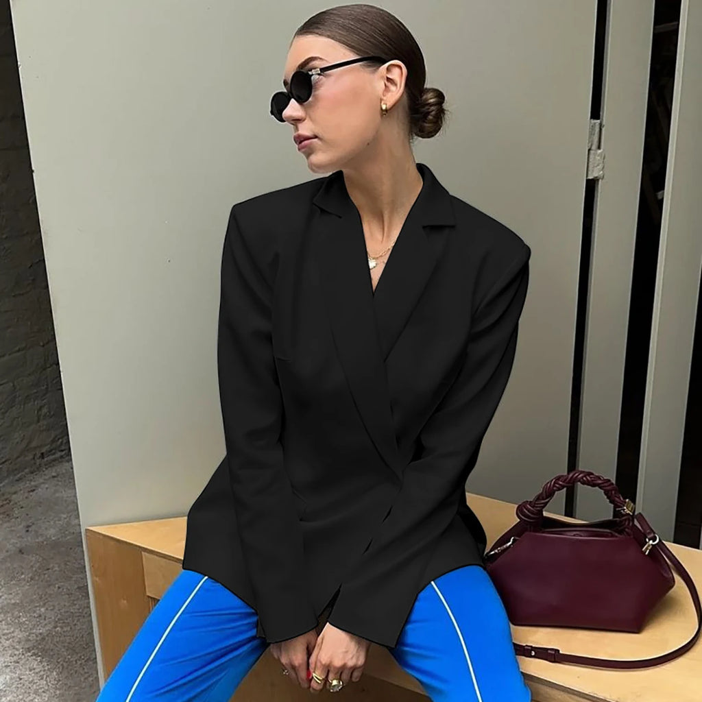Hugcitar Solid Notched Collar Long Sleeve Button Backless Slip Sexy Oversize Suit Blazer Coat Female Fashion Top Party Vacation