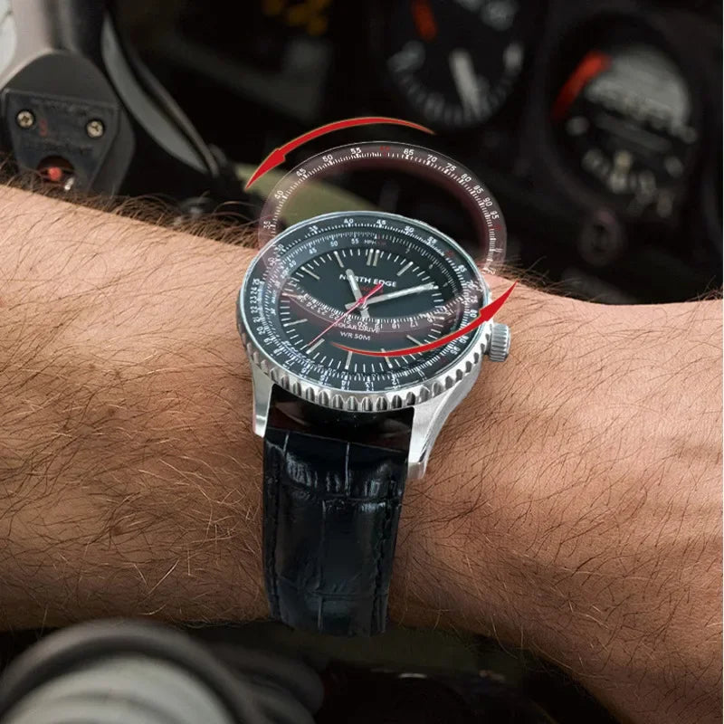 NORTH EDGE EVOQUE3 Solar Drive Watches For Men Pilot Series Leather Strap Luminous Stainless Steel Waterproof 50M Reloj Hombre