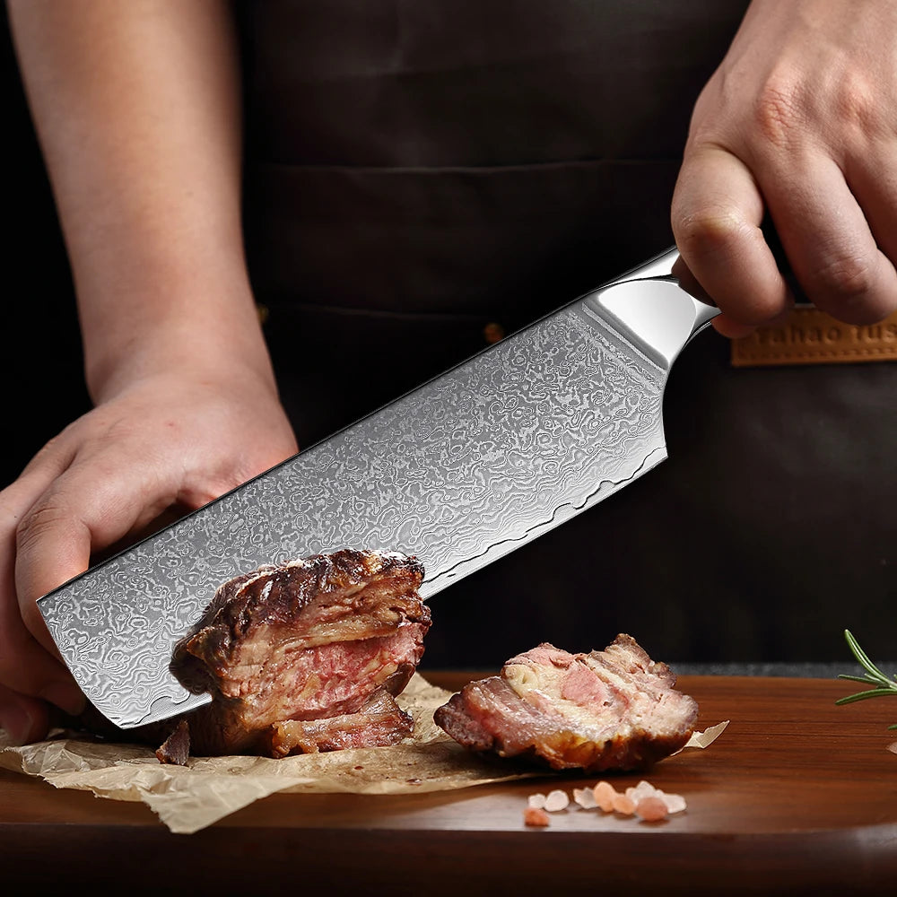 Extremely Sharp Damascus Steel Kitchen Knife Set 1-5Piece Santoku Knife,Utility Knife, Cleaver Knife Acrylic Abalone Handle