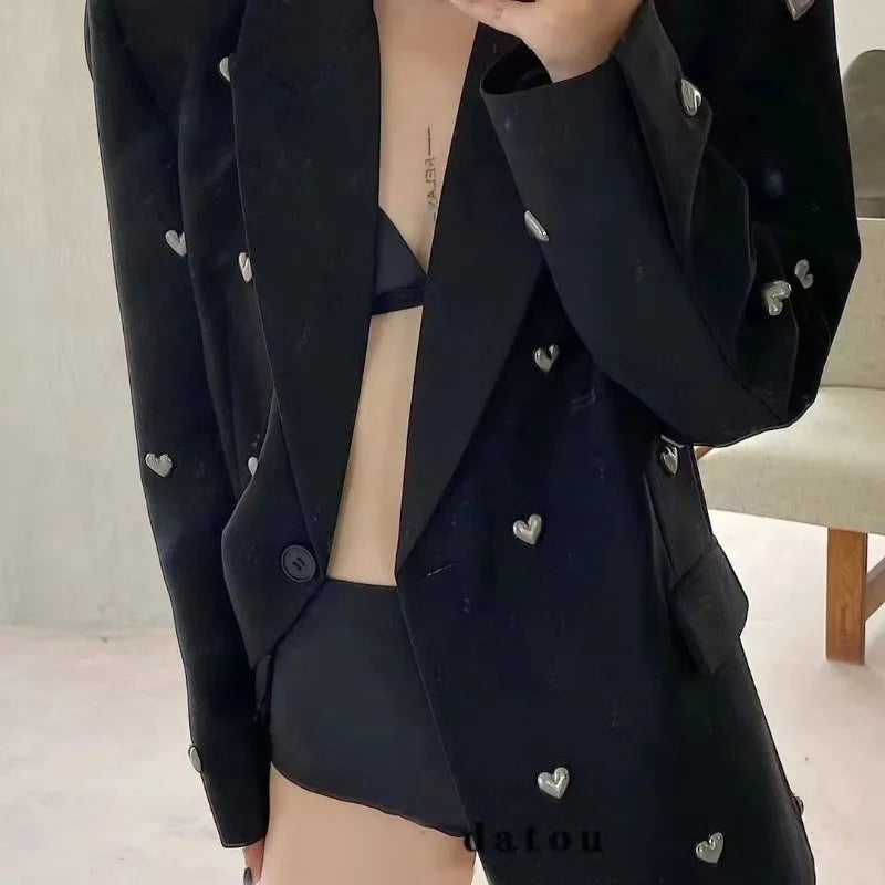UNXX European and American Dark Style Blazer 2024 Autumn New Fashion Heavy Craft Heart High-End Black Suit Jacket High Quality