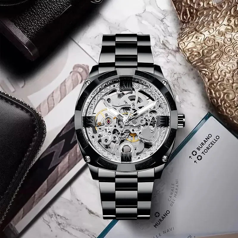 Full Golden Skeleton Automatic Watch - Retro Luxury Mechanical with Luminous Hands