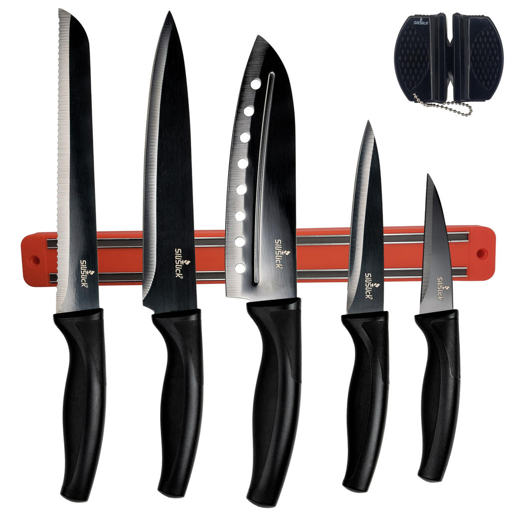 Kitchen Knife Set Kit | Black Handle, Black Blade & Red Magnetic Rack