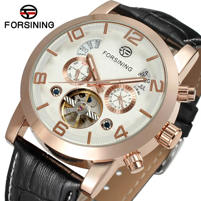 Forsining Fashion Mechanical Male Wristwatches Tourbillon Waterproof Leather Strap Regulator Watches With Perpetual Calendar