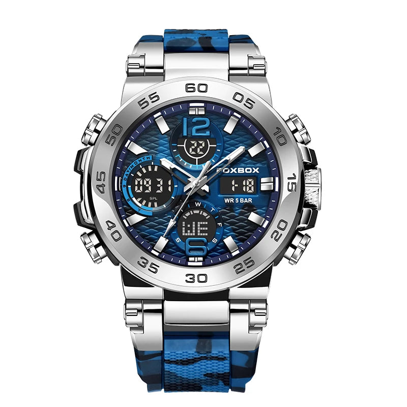 FOXBOX Fashion Mens Watch Dual Display Military Sports Man Watch Digital LED Luminous Calendar Waterproof Quartz Watches For Men