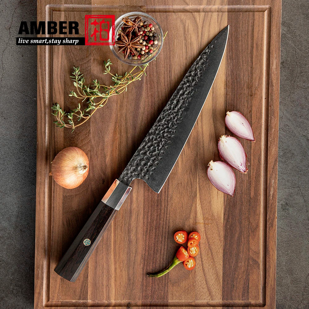 Amber Top Quality 440C high carbon steel black finish kitchen knife set with stablized wood
