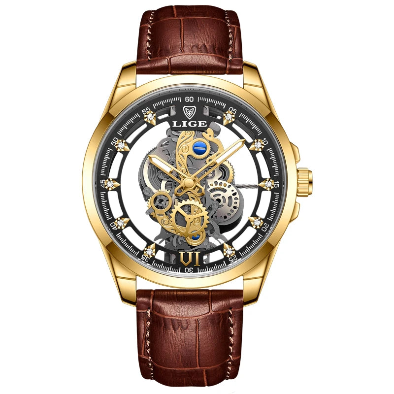 2024 LIGE Men Watch Skeleton Automatic Quartz Watch Gold Skeleton Vintage Man Watch Mens Watches Top Brand Luxury часы мужские