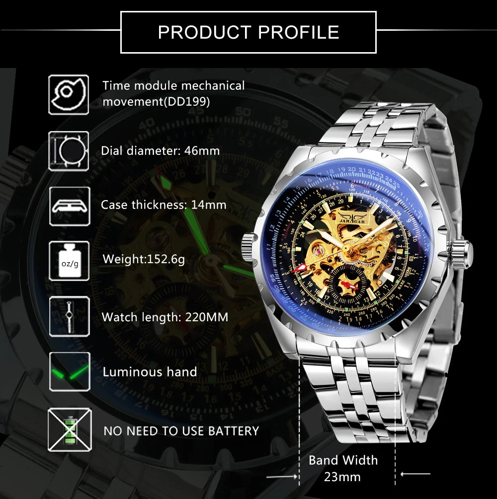 JARAGAR Military Steampunk Skeleton Automatic Mechanical Watch