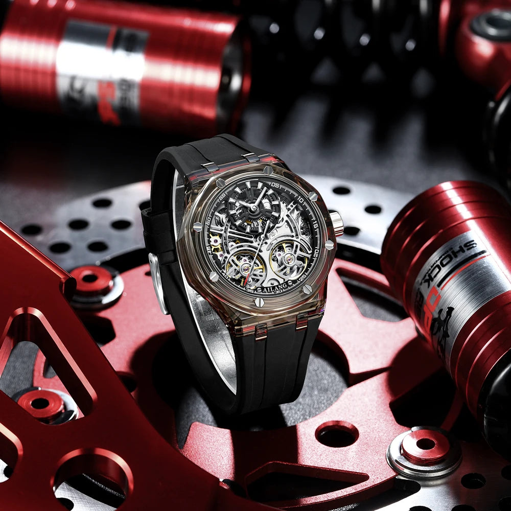 Double Tourbillon Men Watches Luxury Brand Automatic Mechanical Watch Rubber Sports Casual Sports Military Waterproof Clock