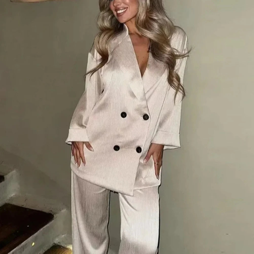 Women Autumn Wrinkle Double Breasted Blazer And Pants Suit Fashion Business Set