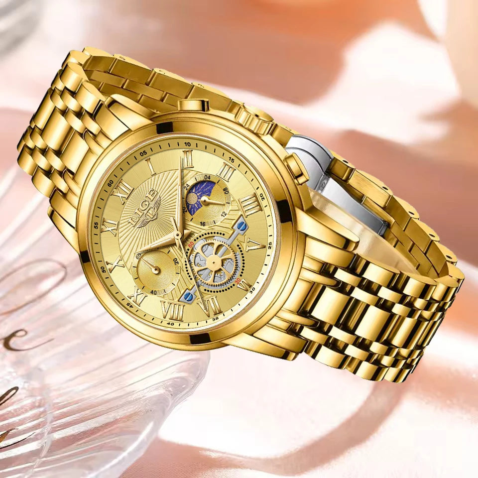 LIGE Creative Moon Phase Watch Women Fashion Elegant Waterproof Women's Quartz Wristwatches Luxury Sport Chronograph Reloj Mujer