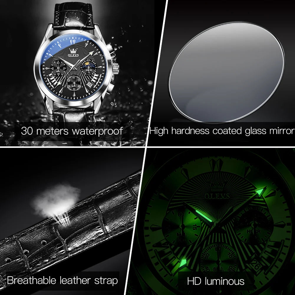 OLEVS 2876 Moon Phase Man Watch Original Genuine Leather Strap Quartz Watch for Men Auto Date Waterproof Luxury Men's Wristwatch