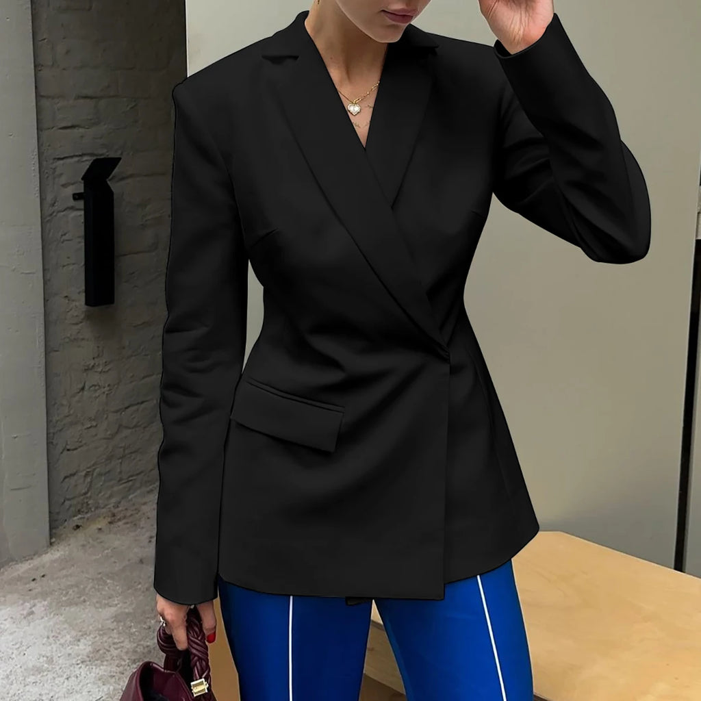 Hugcitar Solid Notched Collar Long Sleeve Button Backless Slip Sexy Oversize Suit Blazer Coat Female Fashion Top Party Vacation