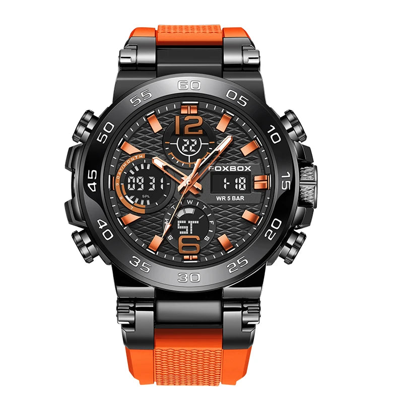 FOXBOX Fashion Mens Watch Dual Display Military Sports Man Watch Digital LED Luminous Calendar Waterproof Quartz Watches For Men