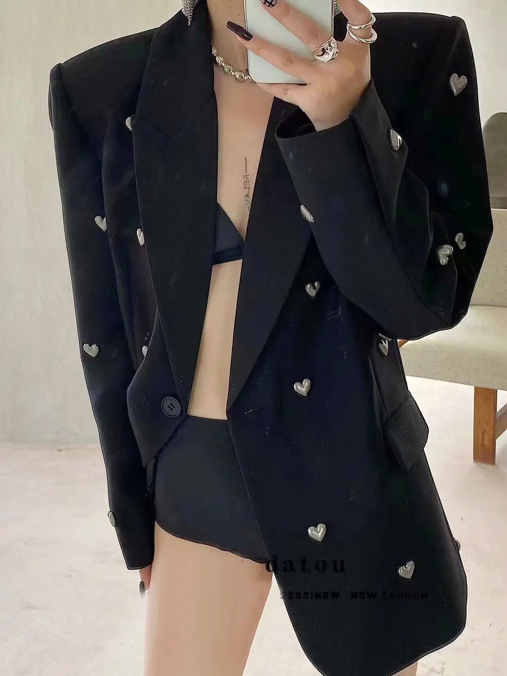 UNXX European and American Dark Style Blazer 2024 Autumn New Fashion Heavy Craft Heart High-End Black Suit Jacket High Quality