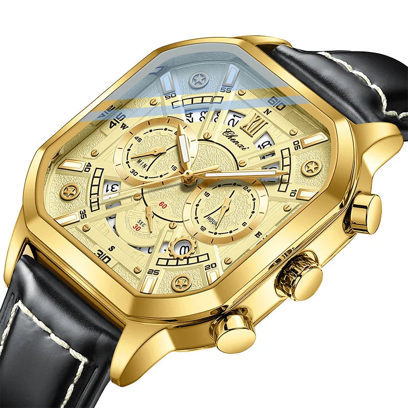 Golden Octagonal Multifunctional Watch - Leather Strap Quartz Timepiece for Men