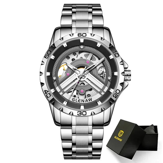GLENAW Original Brand Skeleton Automatic Movement Man Watch Mechanical Waterproof Male Wrist Watches Fashion Sports Clockwork