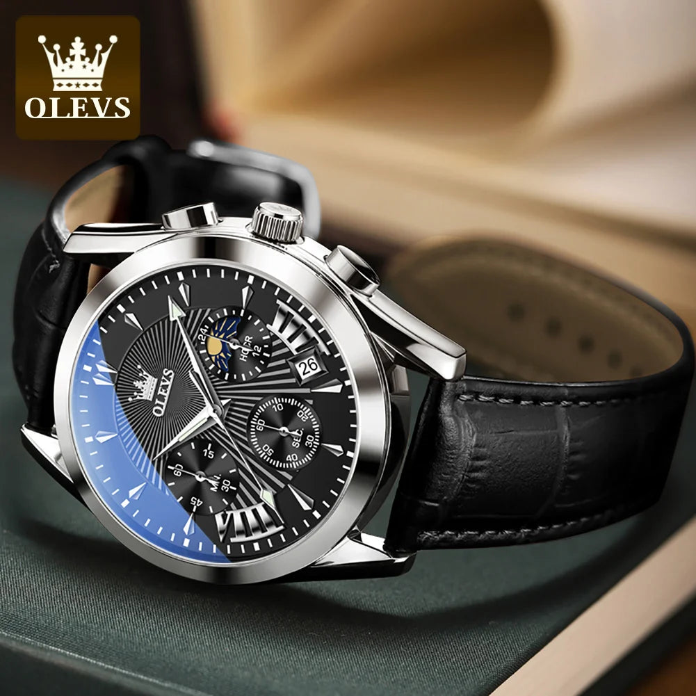 OLEVS 2876 Moon Phase Man Watch Original Genuine Leather Strap Quartz Watch for Men Auto Date Waterproof Luxury Men's Wristwatch