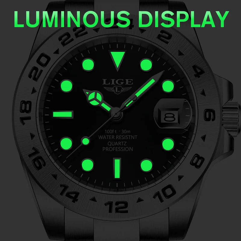 LIGE Luxury Man Watch Fashion Classic Business 30M Waterproof Luminous Quartz Wristwatch Stainless Steel Calendar Men Watches