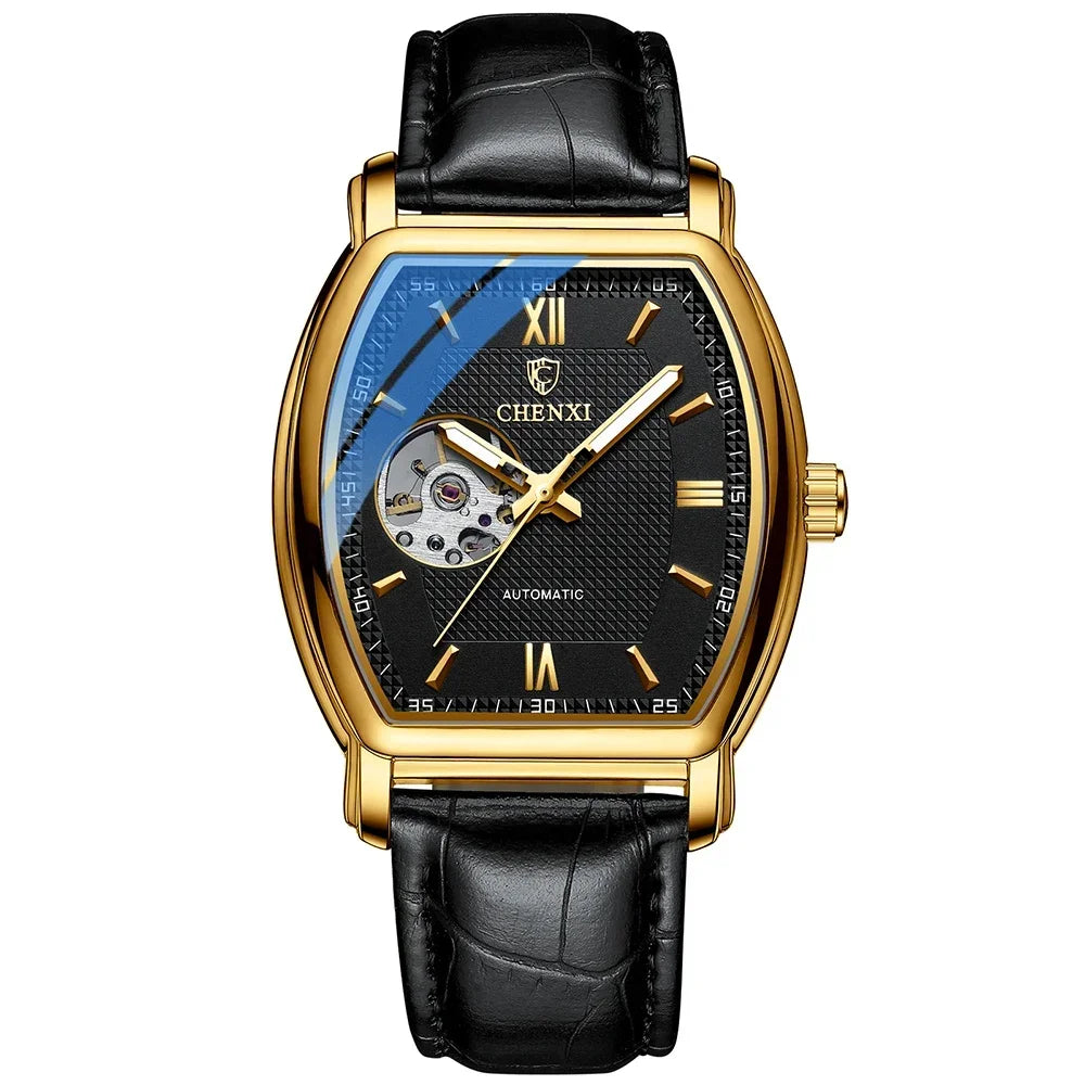 Tonneau Skeleton Automatic Watch - Barrel-Shaped Mechanical Timepiece for Men