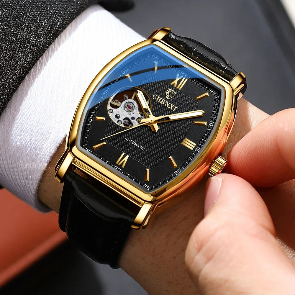Tonneau Skeleton Automatic Watch - Barrel-Shaped Mechanical Timepiece for Men
