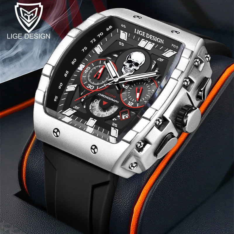 LIGE Brand Mens Watch Skeleton Skull Dial Sports Military Watches Men Fashion Luxury Waterproof Quartz Watch Chronograph Relogio