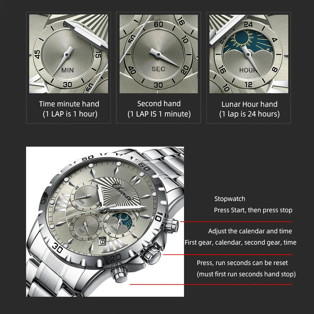 Multi-Function Chronograph Watch - Luminous Waterproof Steel Strap Quartz