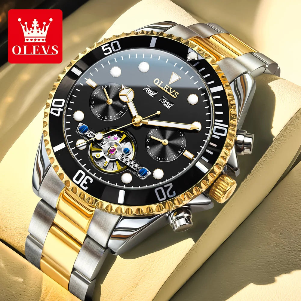 OLEVS 6605 Mens Watch Luxury Original Automatic Mechanical Watch Waterproof Luminous  PerpetualCalendar Day-Date Watch With Box