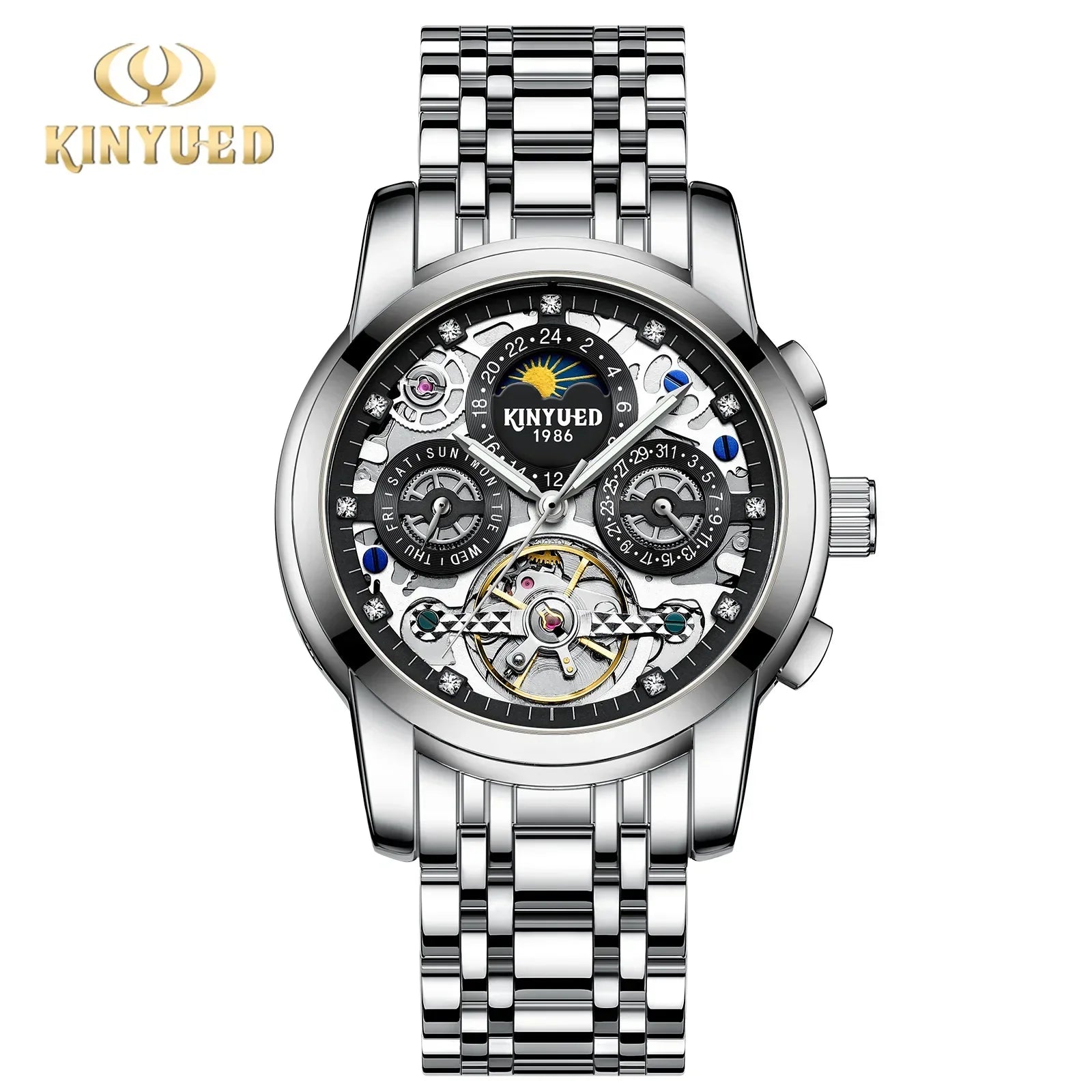 Tourbillon Automatic Watch for Men Diamond Moon Phase Mechanical Mens Watches Waterproof Silver Gold Stainless Steel Wristwatch
