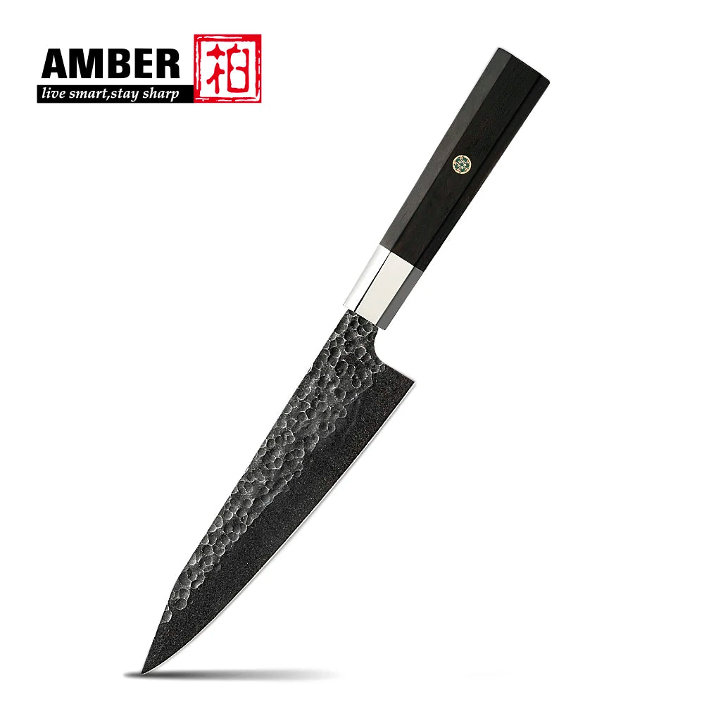 Amber Top Quality 440C high carbon steel black finish kitchen knife set with stablized wood