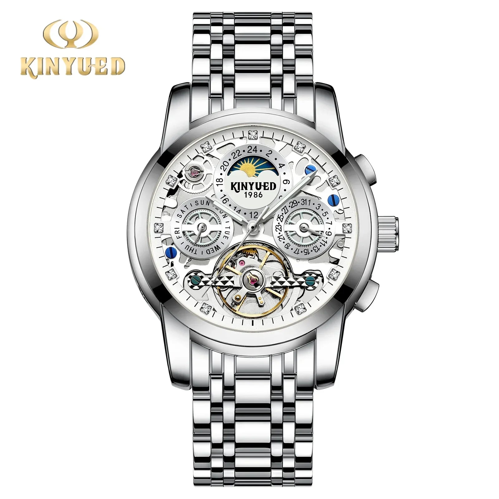 Tourbillon Automatic Watch for Men Diamond Moon Phase Mechanical Mens Watches Waterproof Silver Gold Stainless Steel Wristwatch